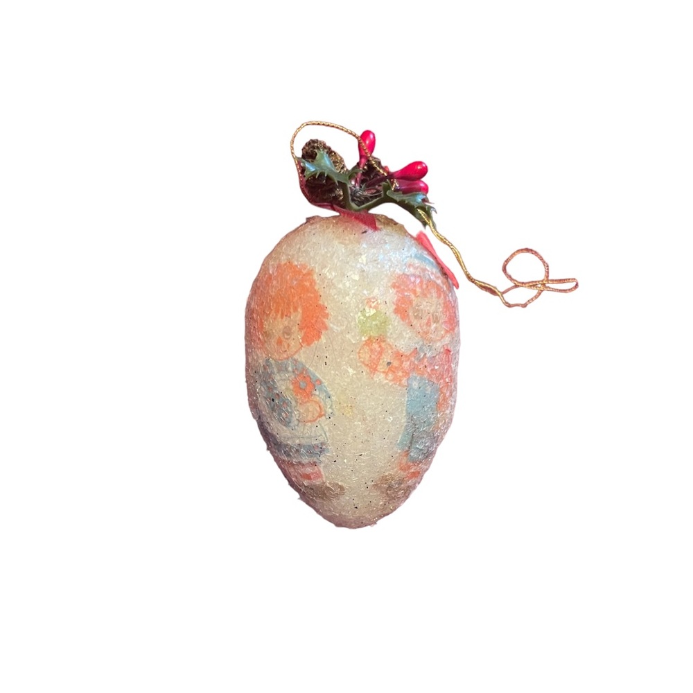 Vintage Raggedy Ann & Andy Glitter Egg Christmas Ornament